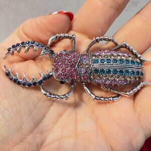 Beetle Brooch Rhinestone Statement Insect Pin Large Gold Tone Costume Jewelry 3